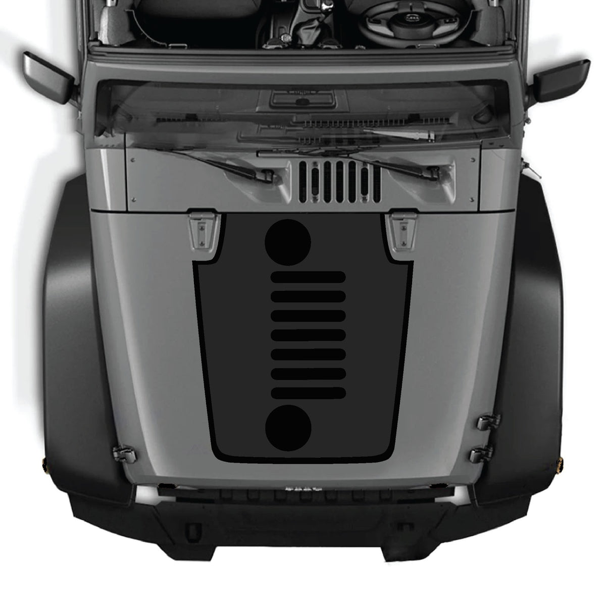 Jeep Wrangler JK/JKU hood decal by CarCode, style #50, black vinyl decal applied to hood of 2007-2018 Jeep Wrangler.