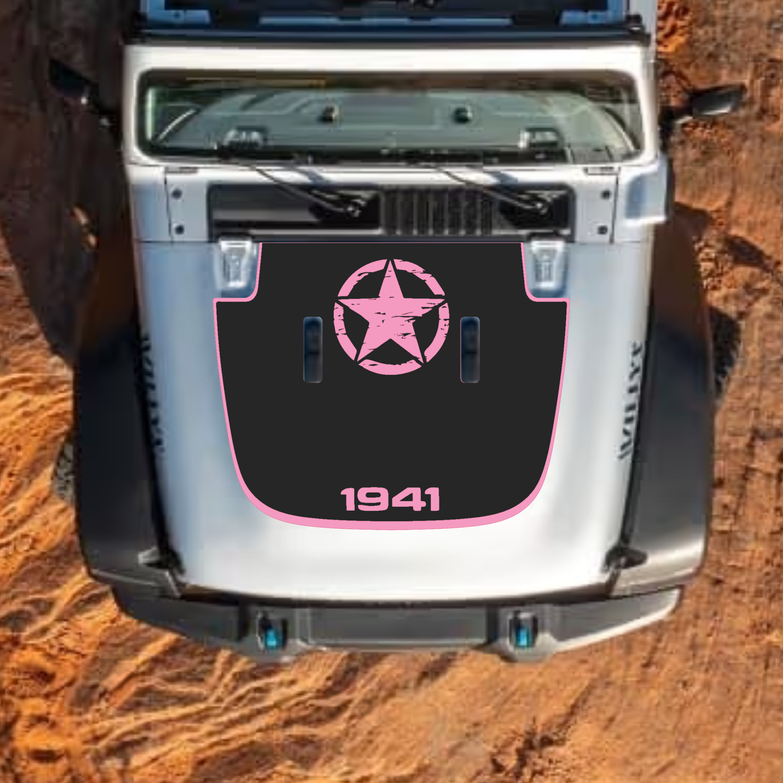 CarCode hood decal for Jeep Wrangler JL, JLU, Gladiator JT, standard hood, style #54, black and gray graphic design