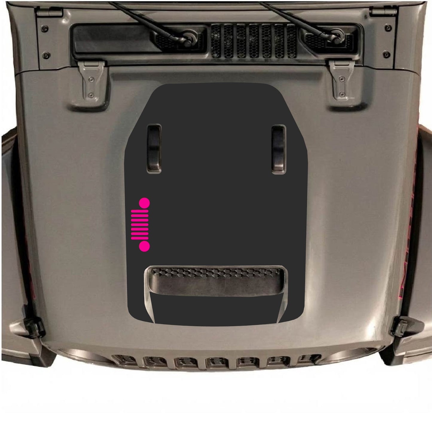 Jeep Wrangler JL/JLU Rubicon 392 and Gladiator Mojave hood decal by CarCode, style #54, shown on vehicle hood in black and white design.