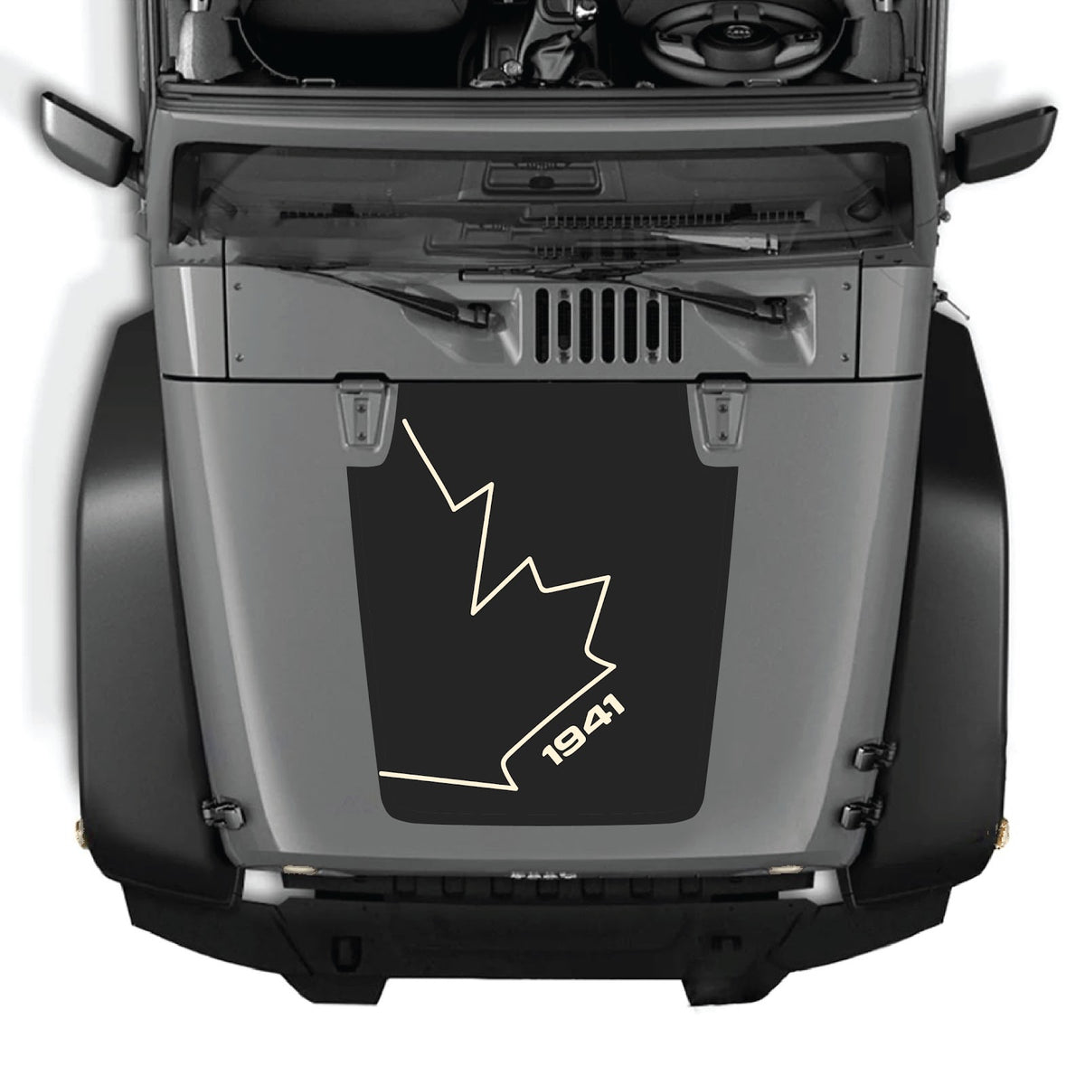 CarCode hood decal for Jeep Wrangler JK/JKU 2007-2018, style #08, shown on the vehicle's hood with bold black design.