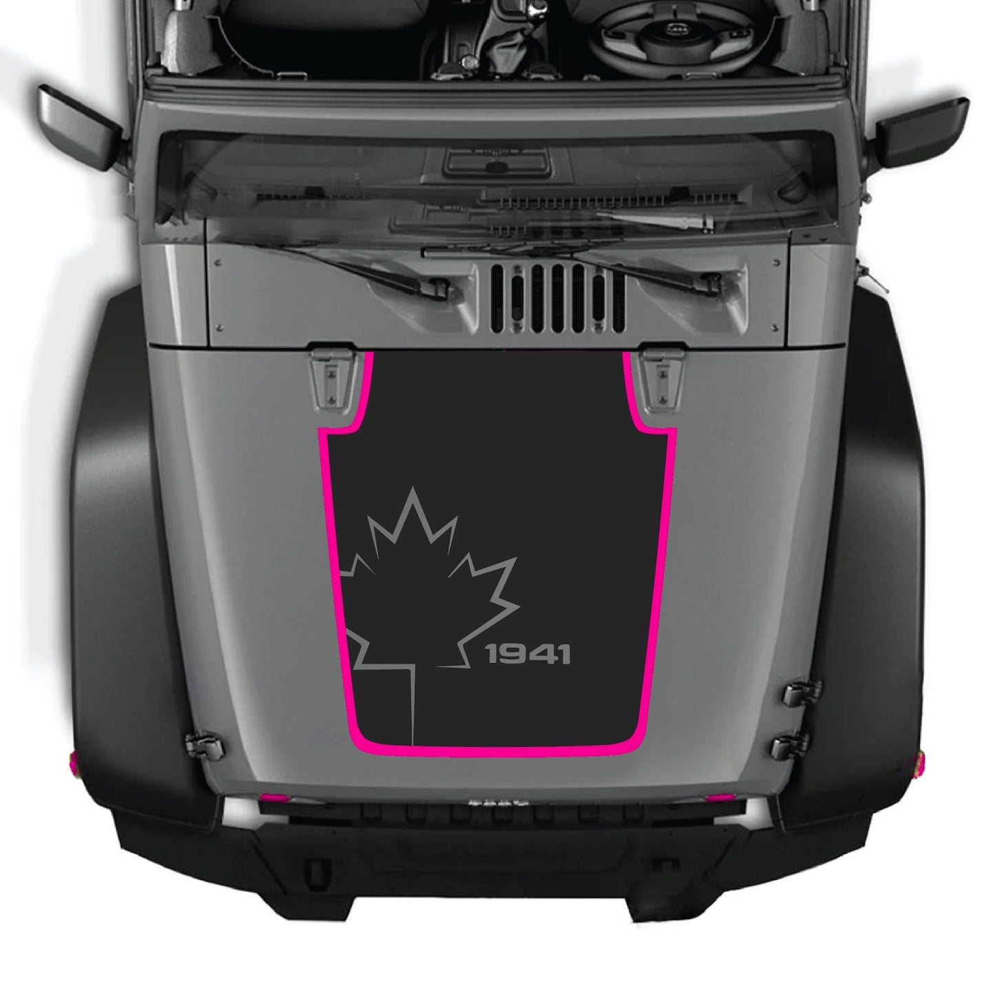 CarCode hood decal for Jeep Wrangler JK/JKU 2007-2018, style #72, shown on the vehicle's hood with black and white design elements.