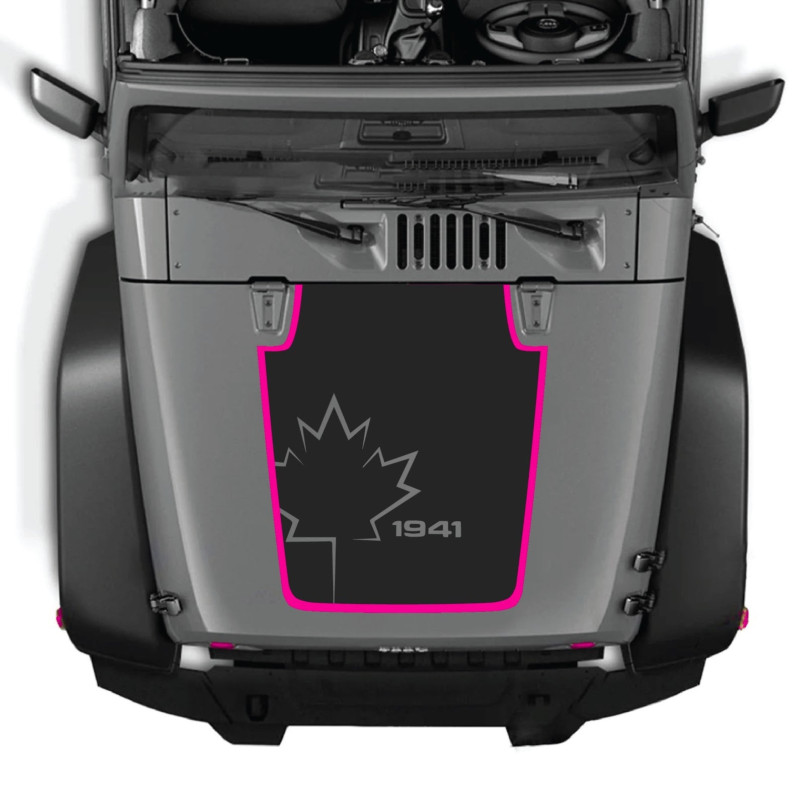 CarCode hood decal for Jeep Wrangler JK/JKU 2007-2018, style #72, shown on the vehicle's hood with black and white design elements.