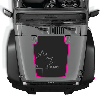 CarCode hood decal for Jeep Wrangler JK/JKU 2007-2018, style #72, shown on the vehicle's hood with black and white design elements.