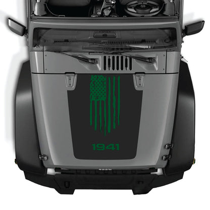 Jeep Wrangler JK/JKU hood decal by CarCode, style #04, black graphic design on vehicle hood for 2007-2018 models.