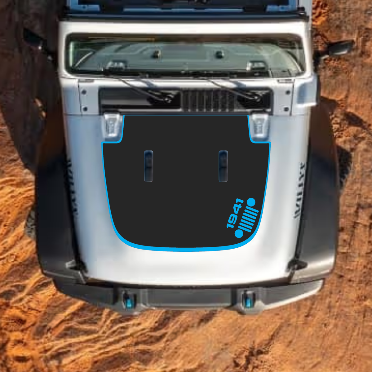 CarCode hood decal for Jeep Wrangler JL, JLU, Gladiator JT, standard hood, 2018+ style, black graphic sticker on vehicle hood