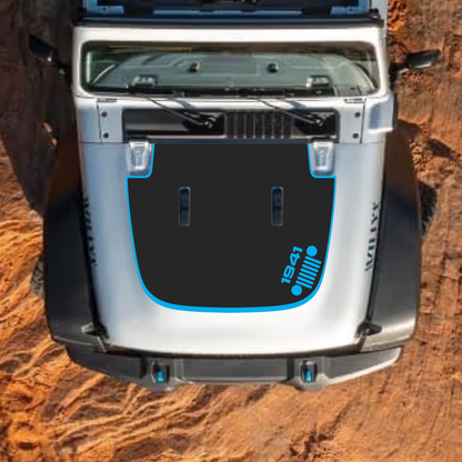 CarCode hood decal for Jeep Wrangler JL, JLU, Gladiator JT, standard hood, 2018+ style, black graphic sticker on vehicle hood