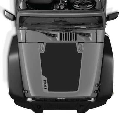 CarCode Jeep Wrangler JK/JKU hood decal, style #38, black graphic graphic design on the vehicle's hood for a custom look.