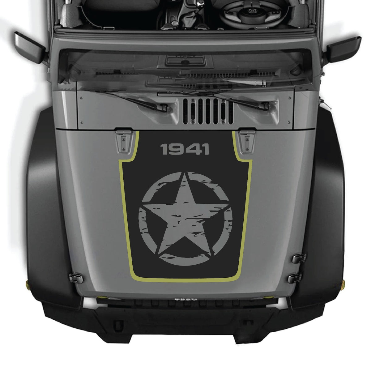Jeep Wrangler JK/JKU hood decal by CarCode, style #79, in black with bold design, applied on vehicle's hood for custom look