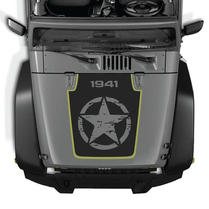 Jeep Wrangler JK/JKU hood decal by CarCode, style #79, in black with bold design, applied on vehicle's hood for custom look