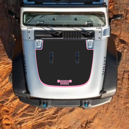 CarCode hood decal for Jeep Wrangler JL, JLU, Gladiator JT, standard hood, style #36, black and gray graphic design.