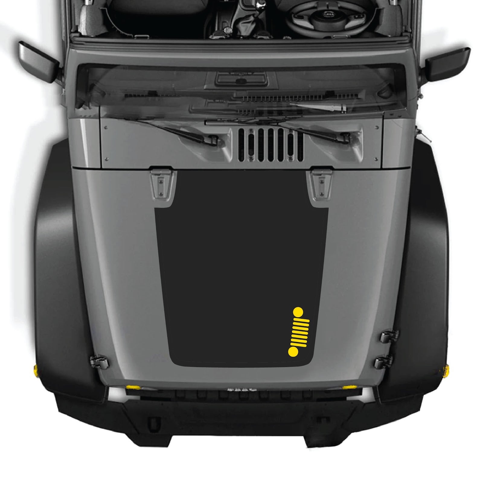 CarCode Jeep Wrangler JK/JKU hood decal, style #39, black and gray graphic design on the vehicle's hood for 2007-2018 models.