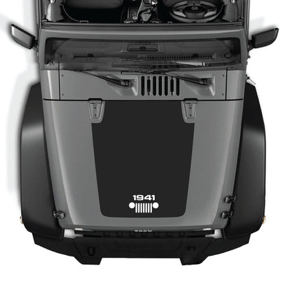 Jeep Wrangler JK/JKU hood decal in style #53 by CarCode, black graphic design on matte hood surface, suitable for 2007-2018 models.