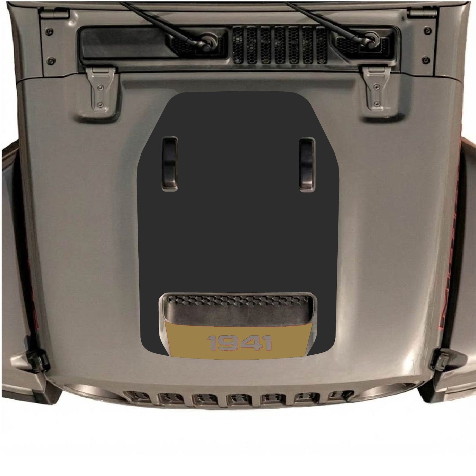 CarCode Jeep Wrangler JL/JLU Rubicon 392 and Gladiator Mojave hood decal in black with style #101, applied on vehicle hood.