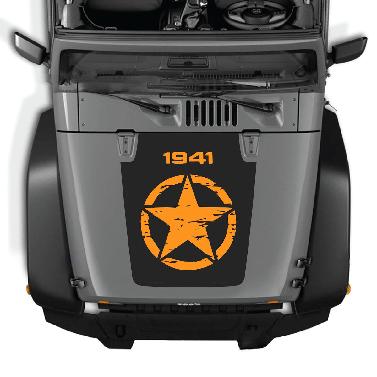Jeep Wrangler JK/JKU hood decal by CarCode, style #26, black graphic design on a silver hood, suitable for 2007-2018 models.