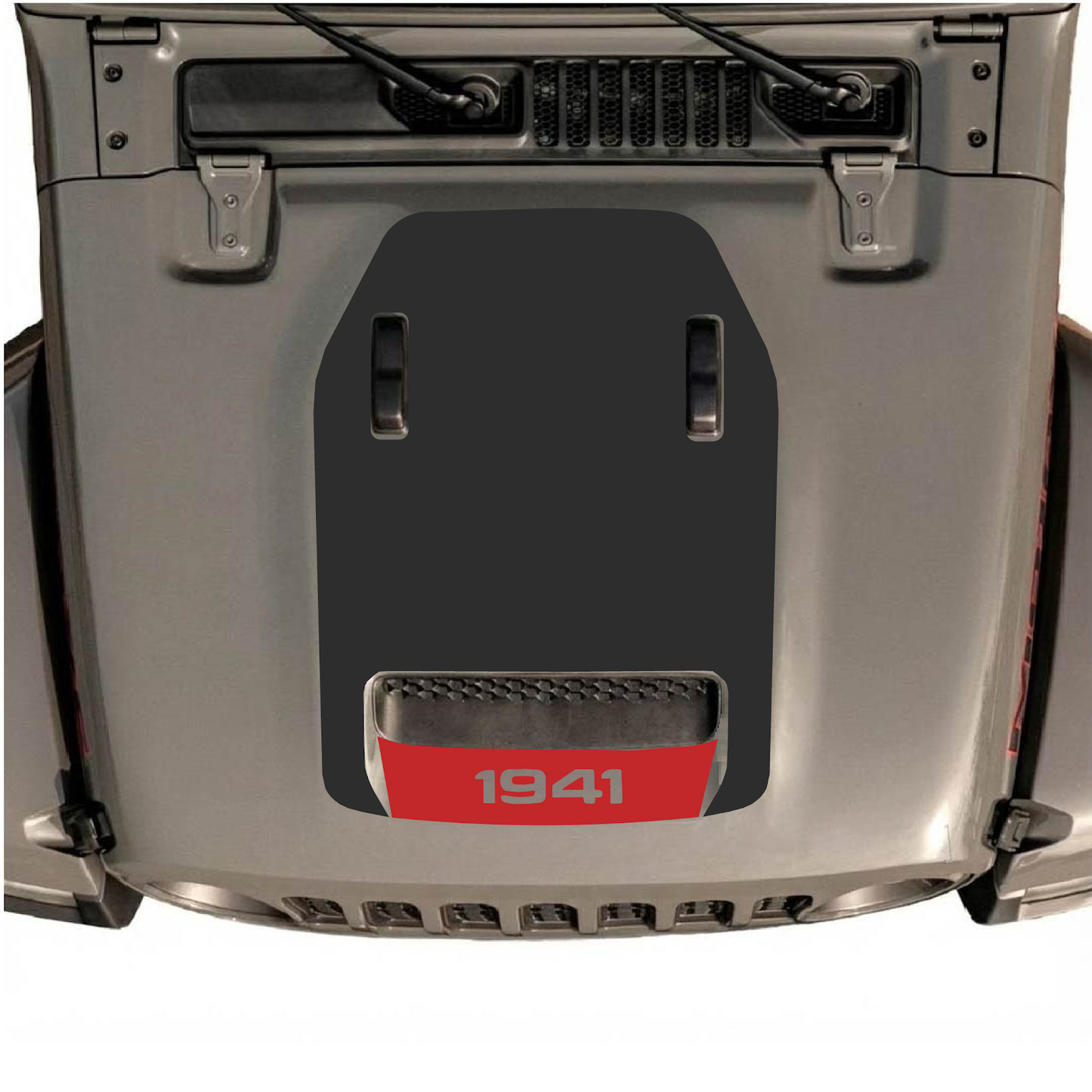 CarCode Jeep Wrangler JL/JLU Rubicon 392 and Gladiator Mojave hood decal in style #101, featuring bold graphic design on the vehicle's hood.