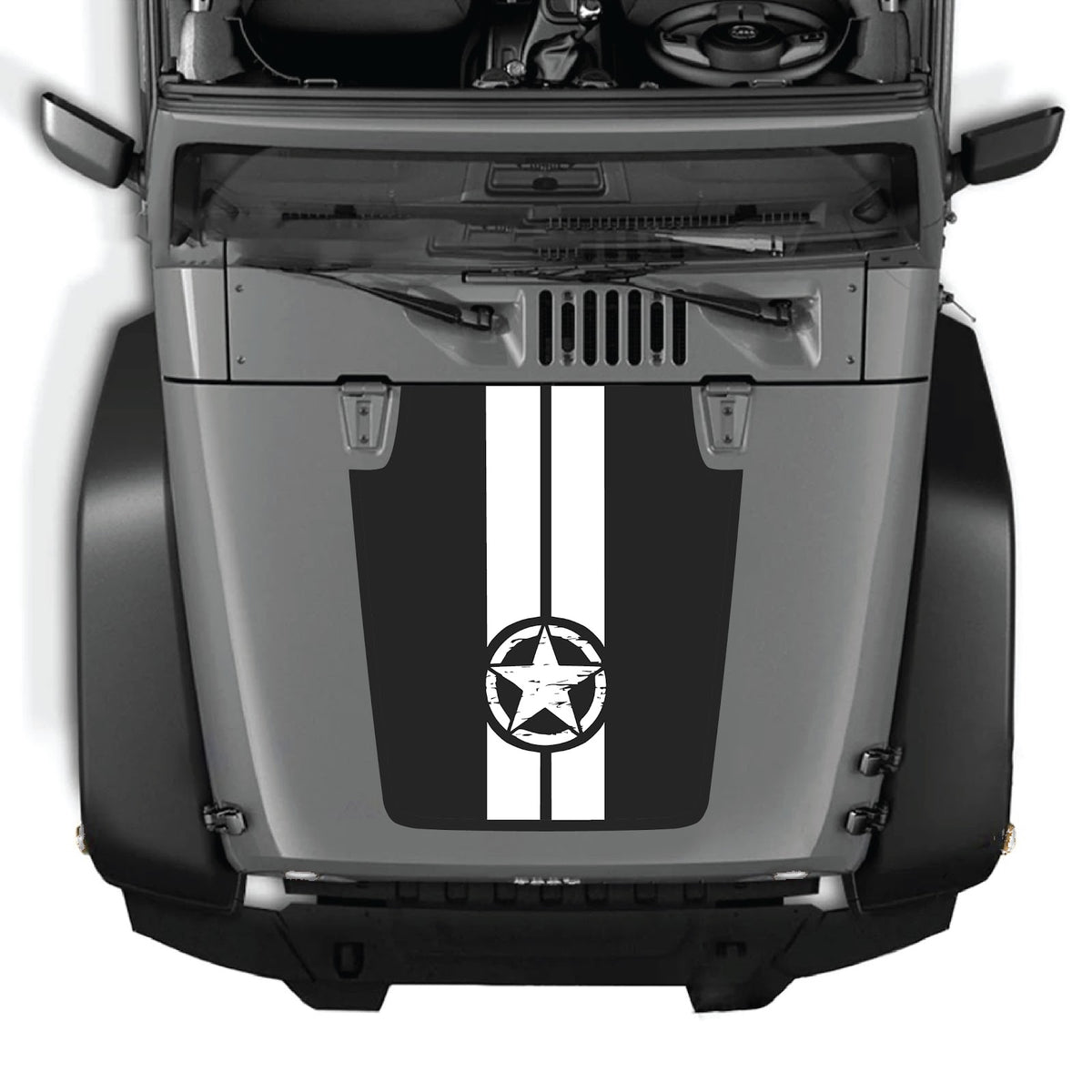 CarCode Jeep Wrangler JK/JKU hood decal style #41, black graphic sticker on vehicle hood for 2007-2018 models.