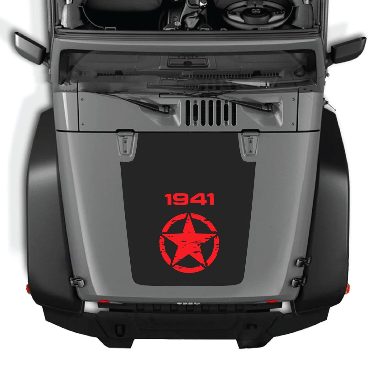 CarCode Jeep Wrangler JK/JKU hood decal, Style #14, black and gray graphic design on the vehicle's hood