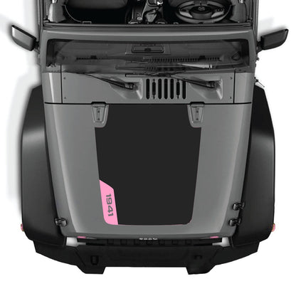 CarCode hood decal for Jeep Wrangler JK/JKU 2007-2018, style #85, featuring a sleek black design on the vehicle's hood.