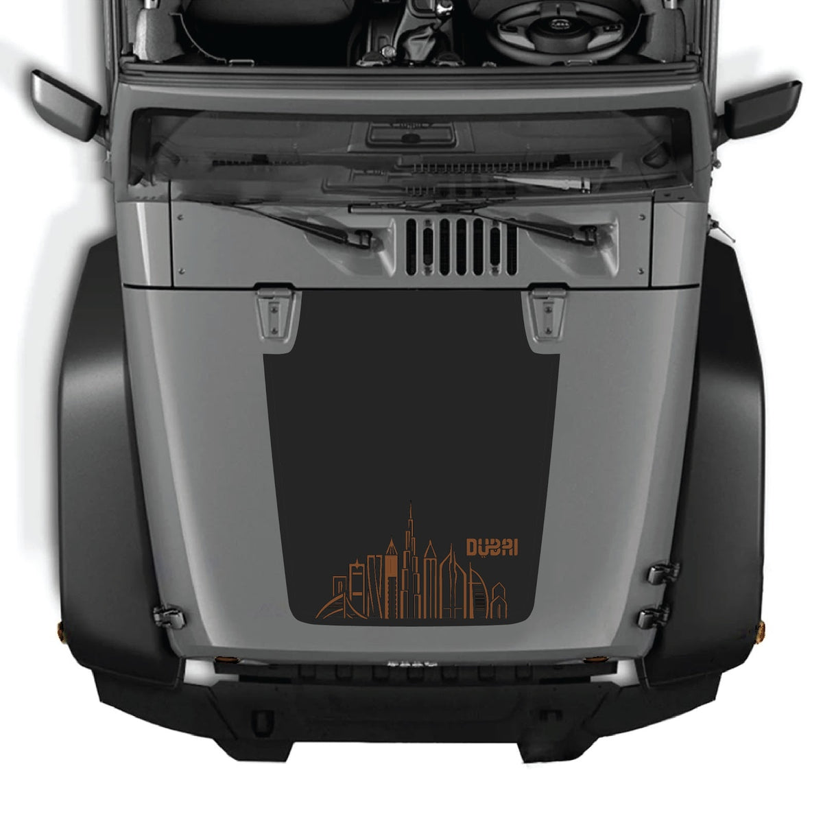 CarCode Jeep Wrangler JK/JKU hood decal Style #23, black graphic design on hood of 2007-2018 Jeep Wrangler.