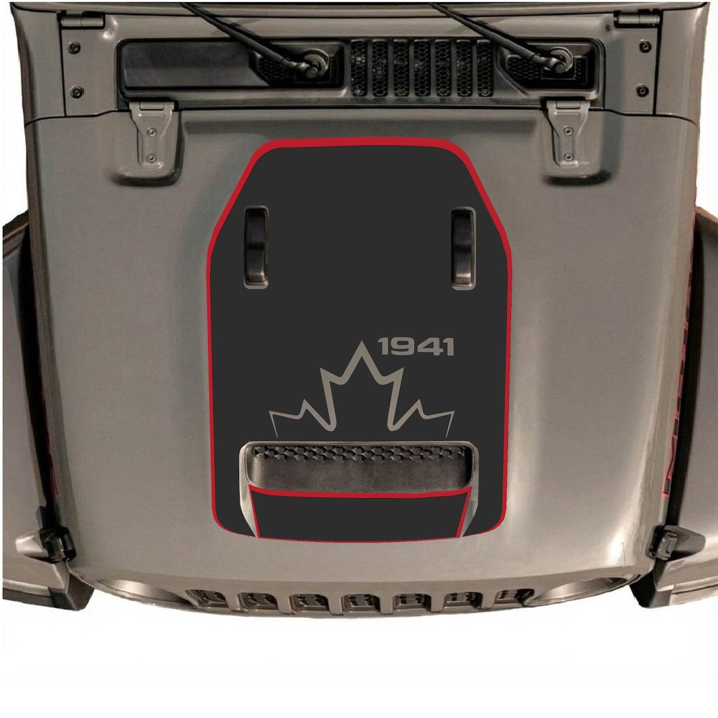 CarCode Jeep Wrangler JL/JLU Rubicon 392 and JT Gladiator Mojave hood decal, style #77, shown on vehicle hood in black and gray.