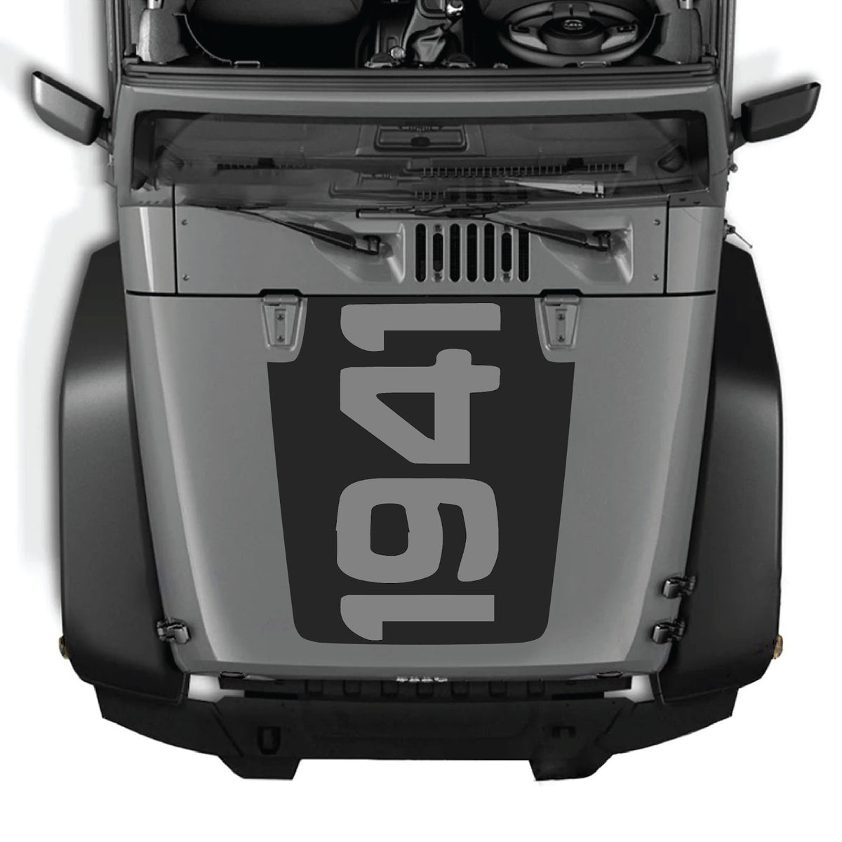 CarCode Jeep Wrangler JK/JKU hood decal style #48, black graphic design on silver hood surface, 2007-2018 model year.