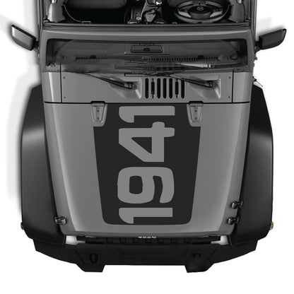 CarCode Jeep Wrangler JK/JKU hood decal style #48, black graphic design on silver hood surface, 2007-2018 model year.