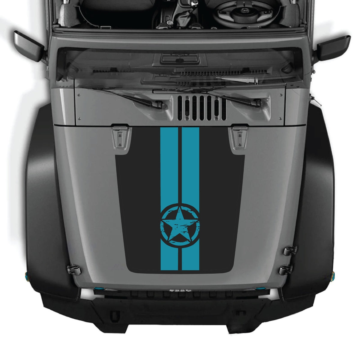 CarCode hood decal for Jeep Wrangler JK/JKU 2007-2018, style #41, shown applied on vehicle hood in black and white design.