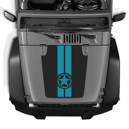 CarCode hood decal for Jeep Wrangler JK/JKU 2007-2018, style #41, shown applied on vehicle hood in black and white design.