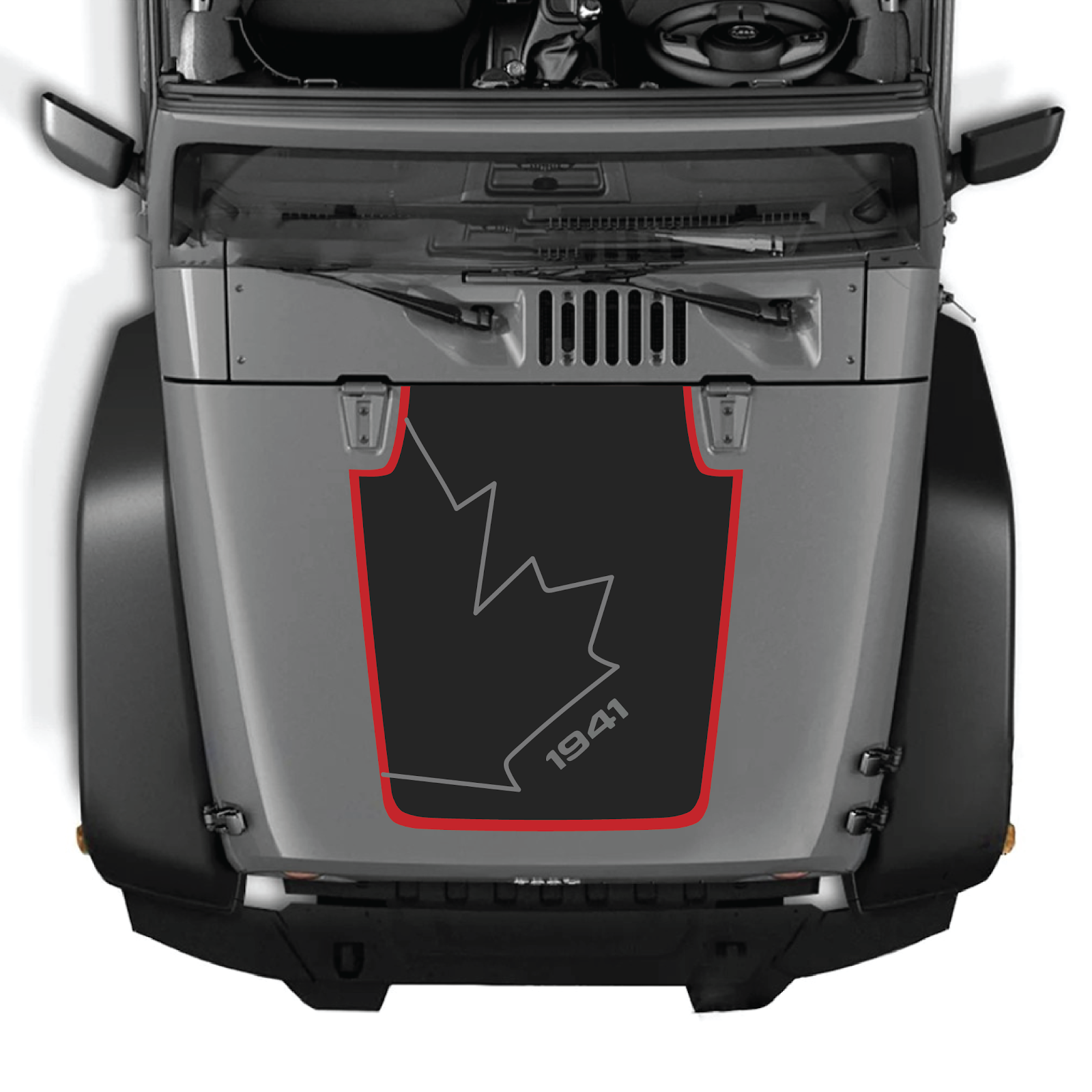 Jeep Wrangler JK/JKU 2007-2018 hood decal by CarCode, style #70, black graphic design on vehicle hood.