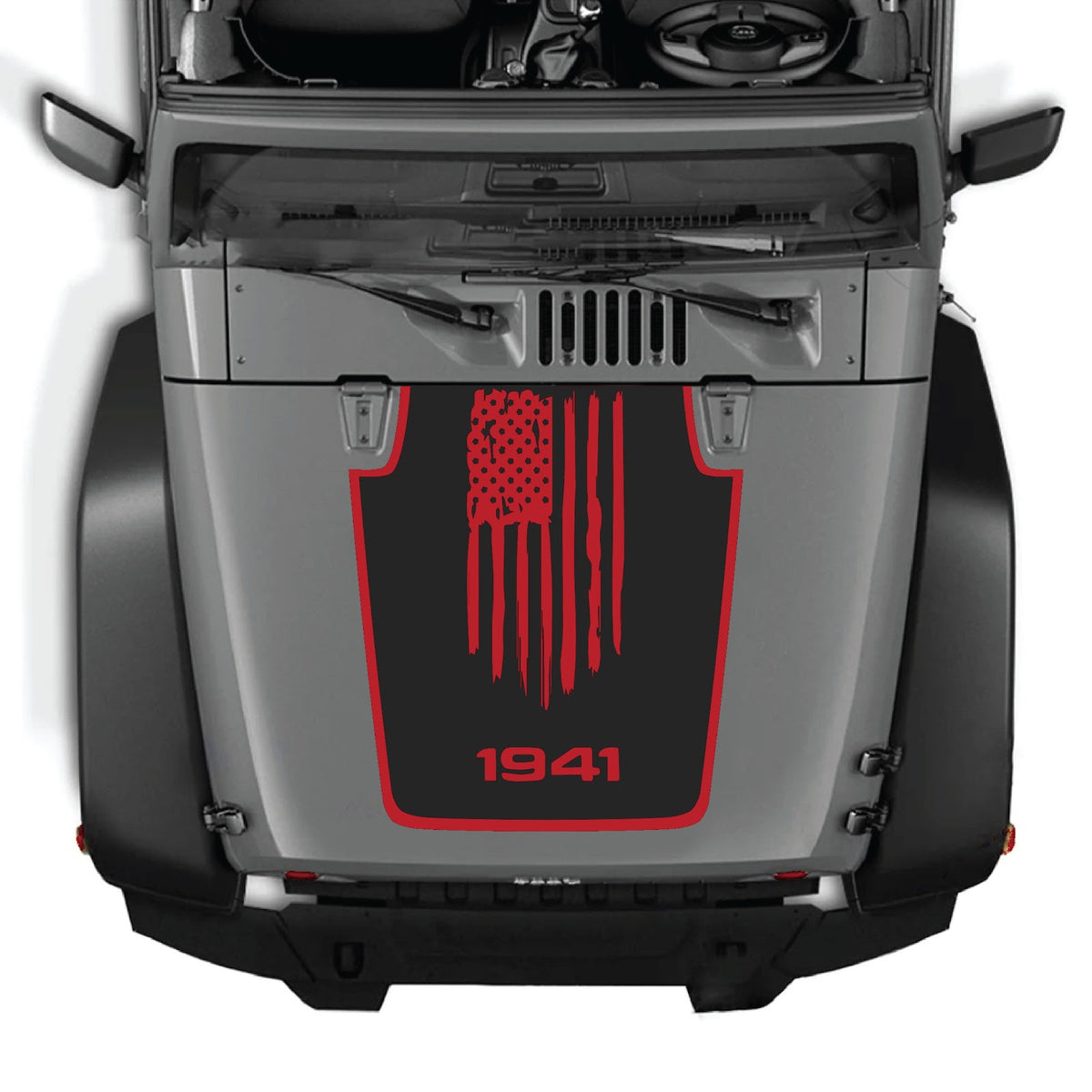 CarCode hood decal for Jeep Wrangler JK/JKU 2007-2018, style #06, shown on the vehicle's hood with bold black design.