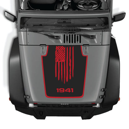 CarCode hood decal for Jeep Wrangler JK/JKU 2007-2018, style #06, shown on the vehicle's hood with bold black design.