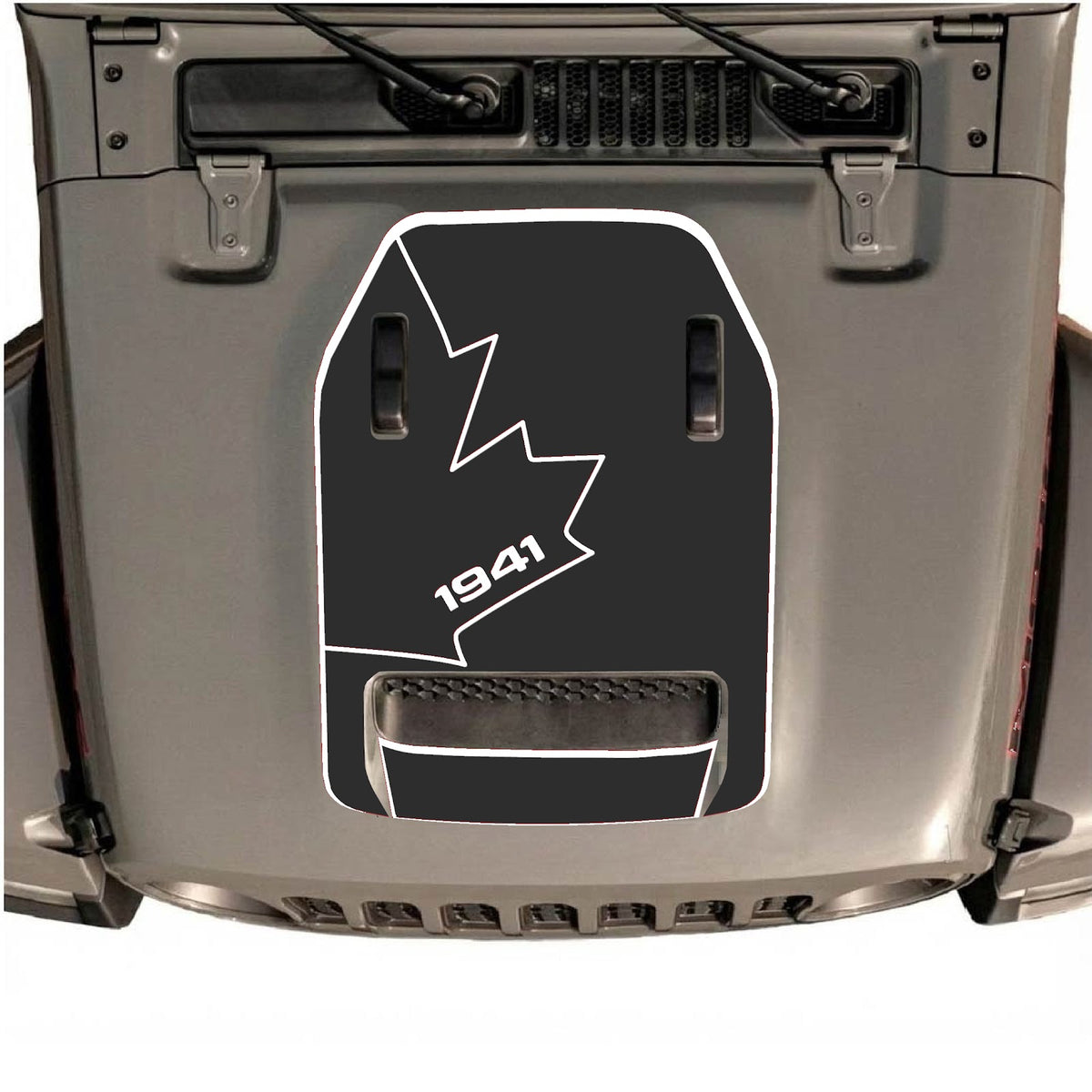 CarCode hood decal for Jeep Wrangler JL/JLU Rubicon 392 and Gladiator Mojave, style #25, black and gray design on vehicle hood.