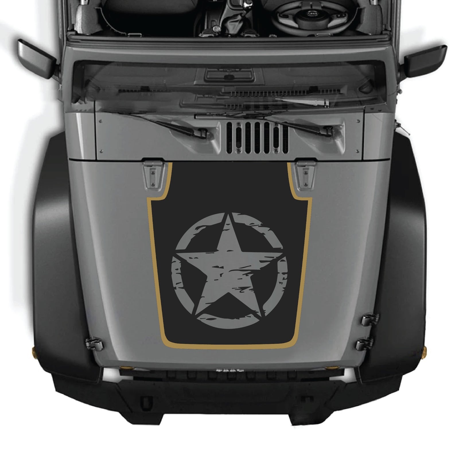 Jeep Wrangler JK/JKU hood decal in style #78, black and gray design, made by CarCode, applied on vehicle hood.