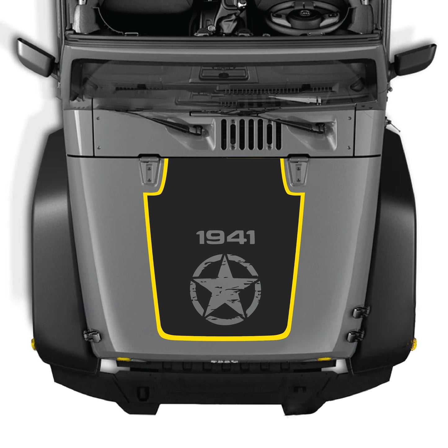 Jeep Wrangler JK/JKU hood decal by CarCode, style #76, black graphic design on vehicle hood, 2007-2018 model.