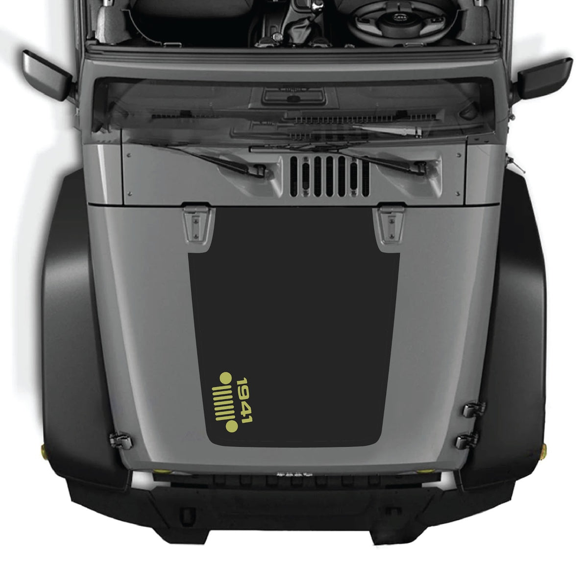 CarCode Jeep Wrangler JK/JKU hood decal in style #57, black and gray graphic design on vehicle hood, 2007-2018 model fit