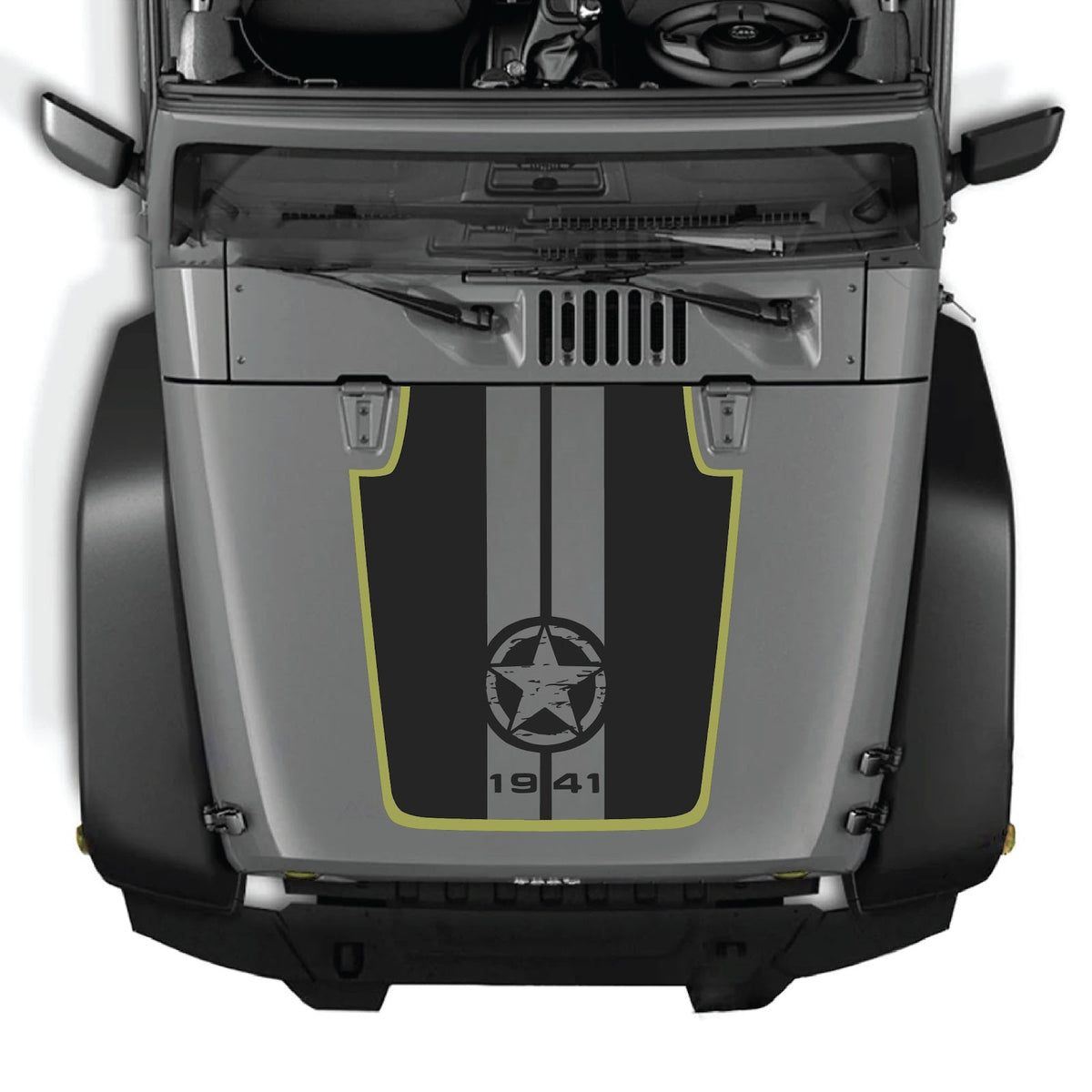 CarCode Jeep Wrangler JK/JKU hood decal style #92, black graphic sticker for 2007-2018 Jeep Wrangler models, close-up view.
