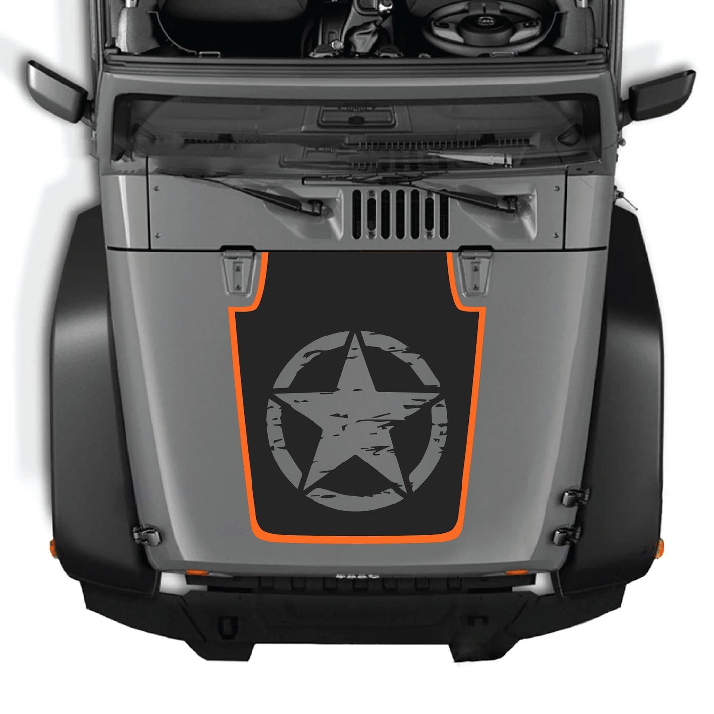 Jeep Wrangler JK/JKU hood decal by CarCode, style #78, black graphic design on hood of silver Jeep with open top