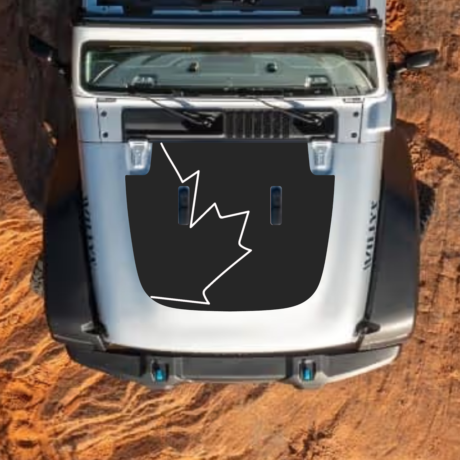CarCode hood decal for Jeep Wrangler JL, JLU, Gladiator JT, 2018+ style, black and gray graphic design on vehicle hood