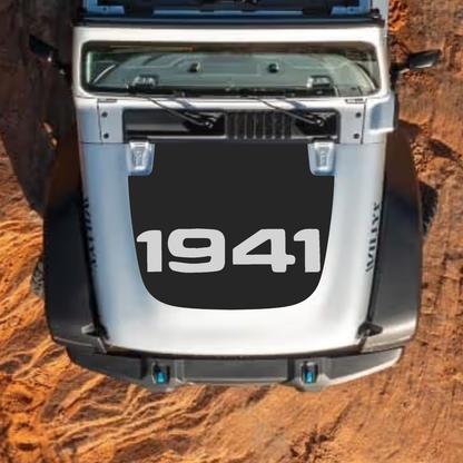 CarCode hood decal for Jeep Wrangler JL JLU and Gladiator JT, style #04, featuring bold black and gray graphic design on the standard hood
