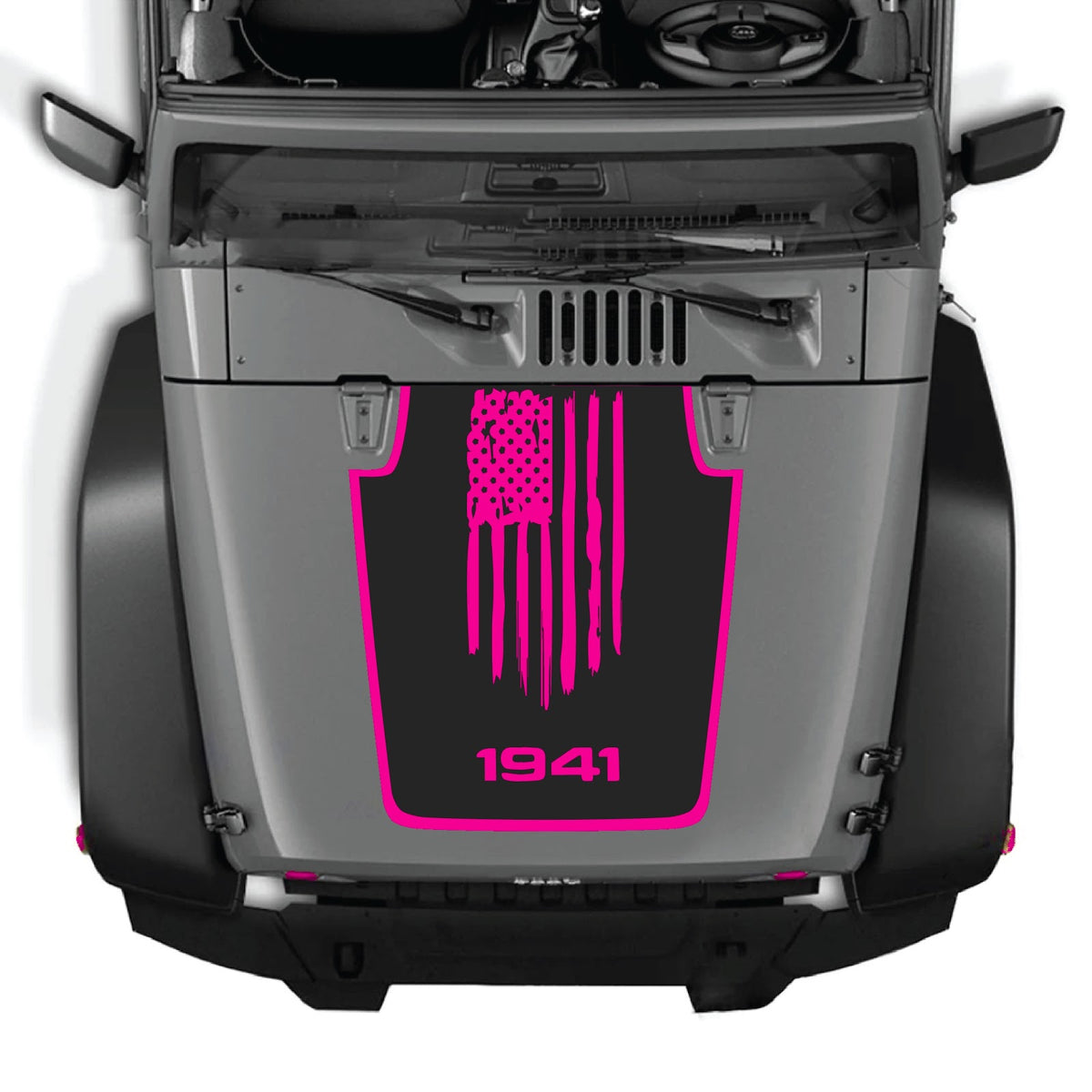 CarCode hood decal for Jeep Wrangler JK/JKU 2007-2018, style #06, shown on the vehicle's hood in the image.