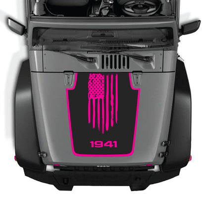 CarCode hood decal for Jeep Wrangler JK/JKU 2007-2018, style #06, shown on the vehicle's hood in the image.