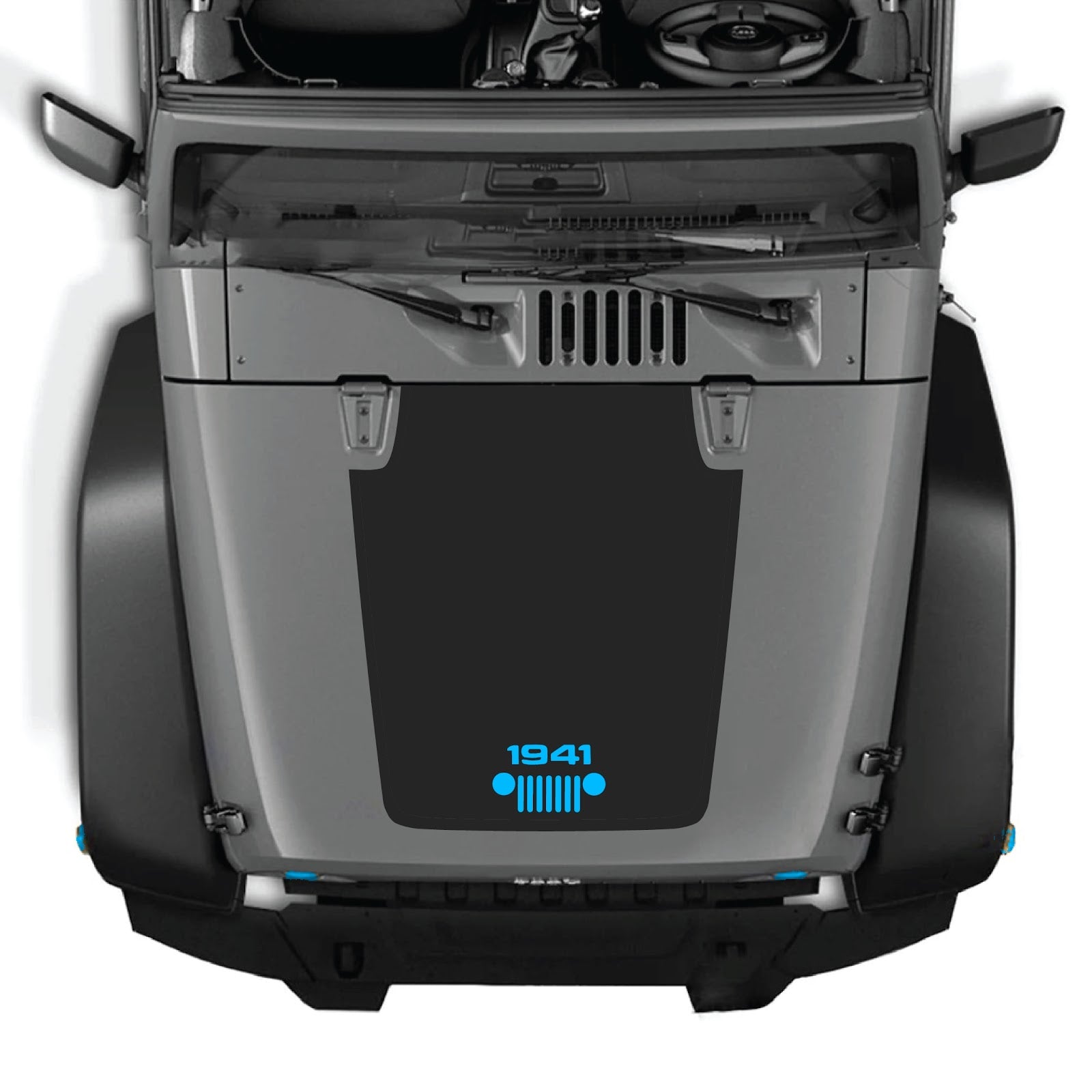 CarCode hood decal for Jeep Wrangler JK/JKU 2007-2018, style #53, shown on the vehicle's hood with black and gray design elements.