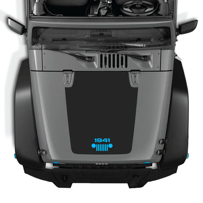 CarCode hood decal for Jeep Wrangler JK/JKU 2007-2018, style #53, shown on the vehicle's hood with black and gray design elements.
