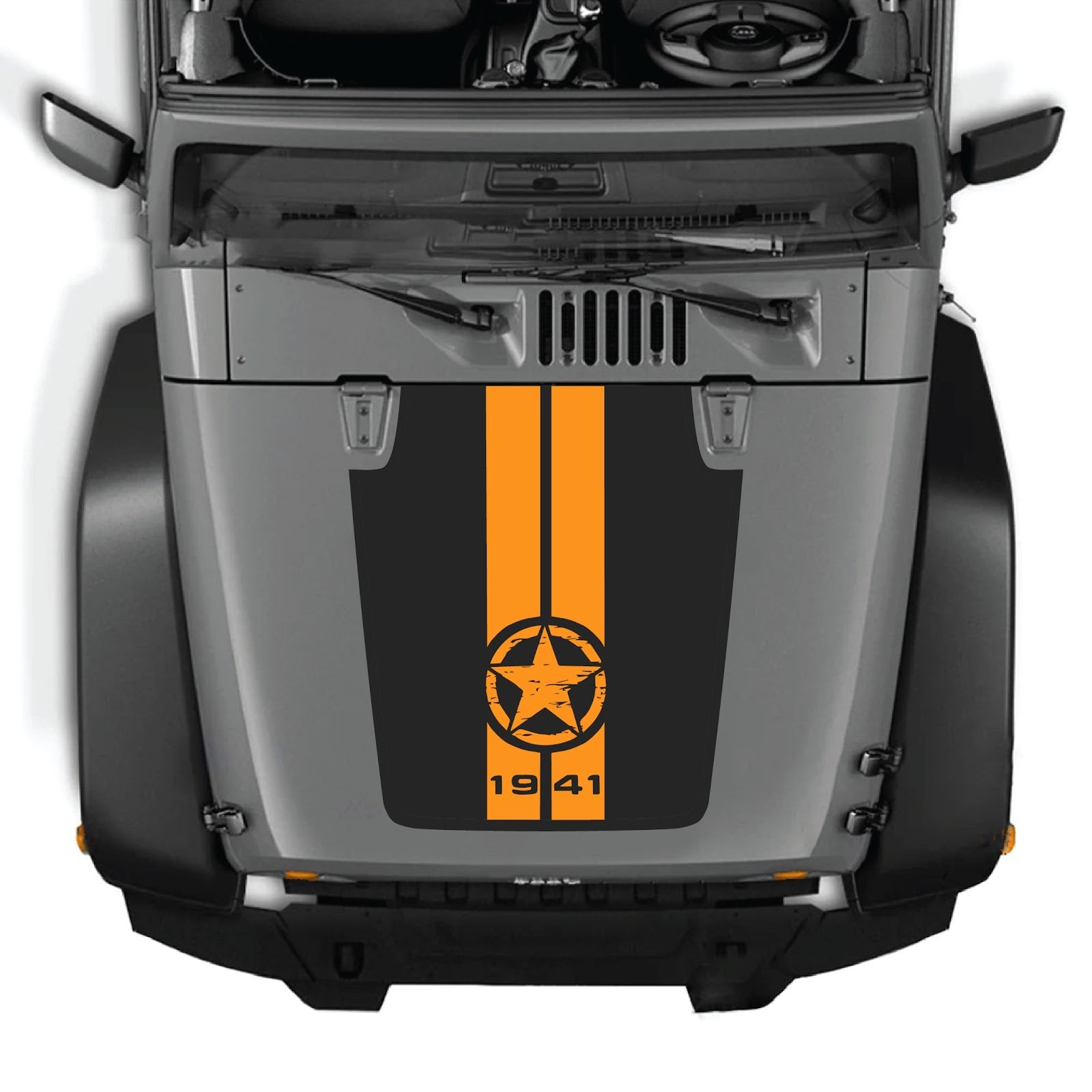 CarCode Jeep Wrangler JK/JKU hood decal Style #62, black graphic sticker on white hood, custom vehicle accessory