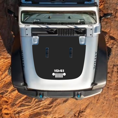 CarCode hood decal for Jeep Wrangler JL, JLU, Gladiator JT, style #57, black graphic design on standard hood.