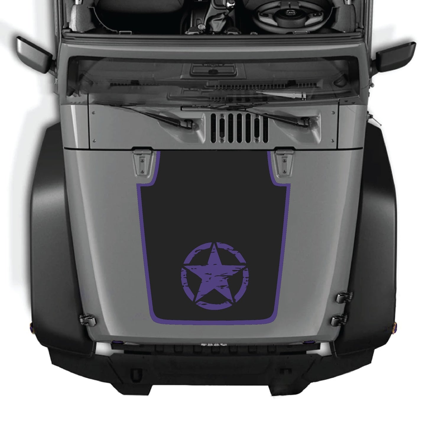 Jeep Wrangler JK/JKU hood decal in style #21, CarCode brand, black and gray design on black vehicle hood.