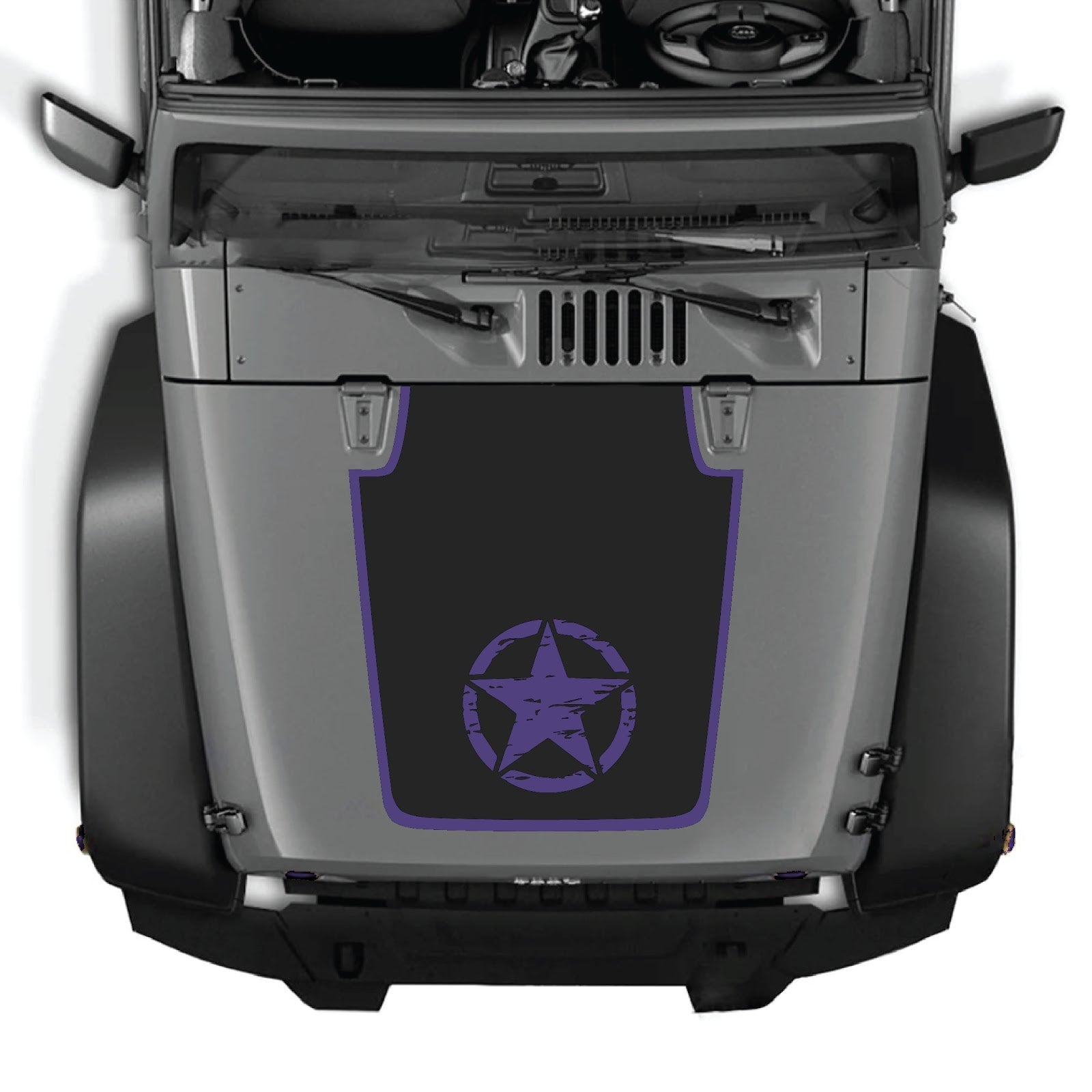 Jeep Wrangler JK/JKU hood decal in style #21, CarCode brand, black and gray design on black vehicle hood.