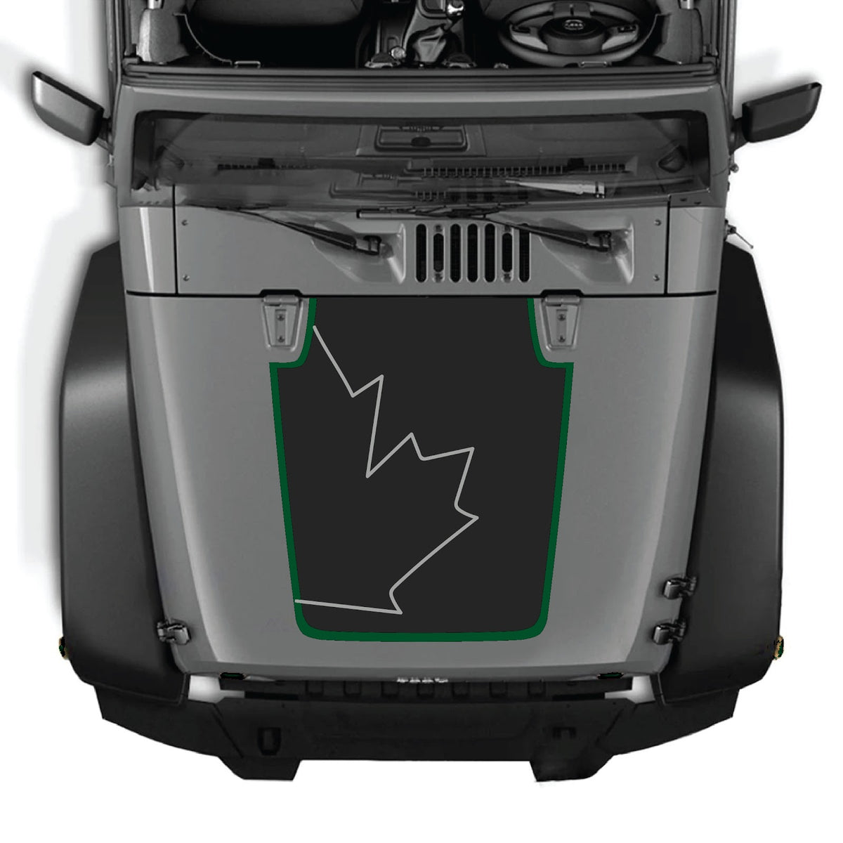 CarCode hood decal for Jeep Wrangler JK/JKU 2007-2018, style #69, shown on the vehicle's hood with black and gray design.