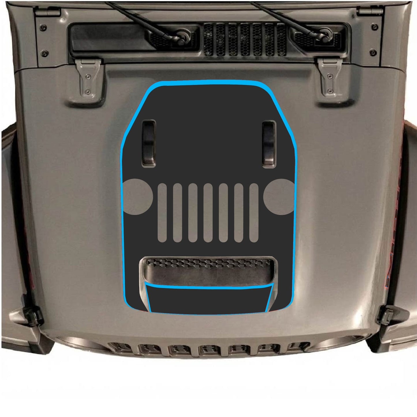 CarCode hood decal for Jeep Wrangler JL/JLU Rubicon 392 and JT Gladiator Mojave, style #69, black with graphic design on hood.