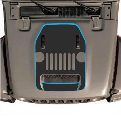CarCode hood decal for Jeep Wrangler JL/JLU Rubicon 392 and JT Gladiator Mojave, style #69, black with graphic design on hood.